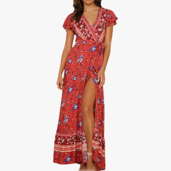 Zesica Wrap Style Boho Floral Red Dress NWT - Picture 2 of 10